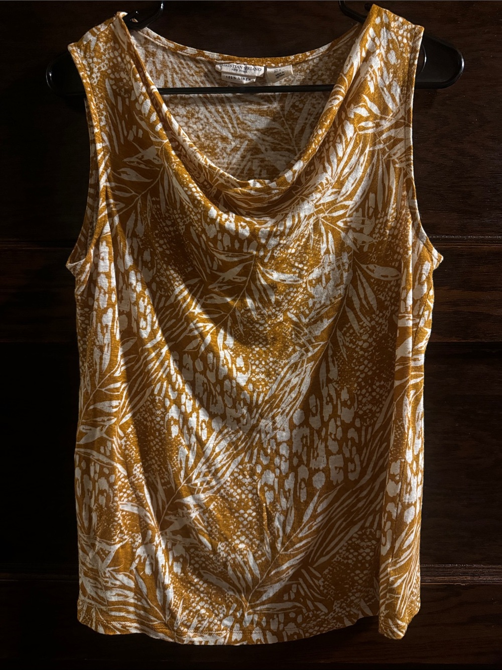 Christian Siriano Mustard and White Draped Cowl Tank, Size M, 100% linen